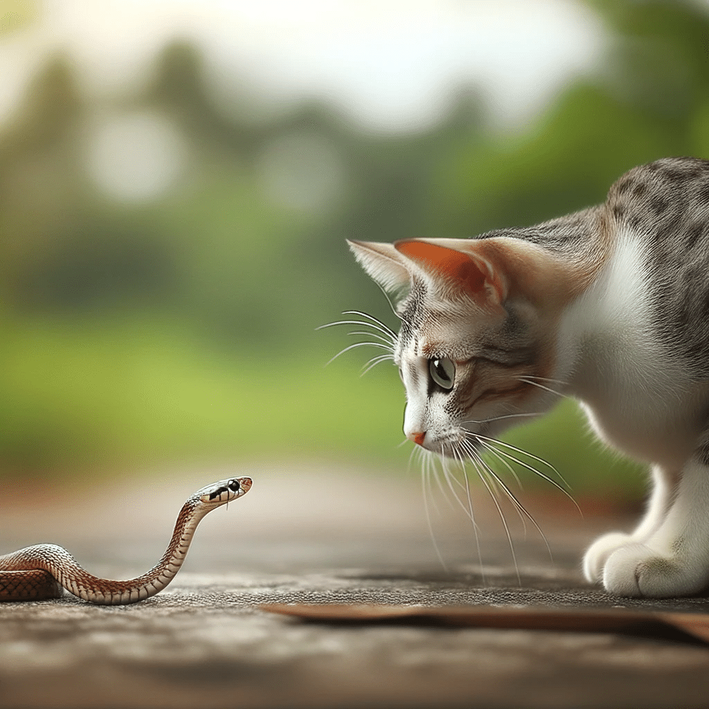 a cats afraid of snakes. cat looking at garter snake