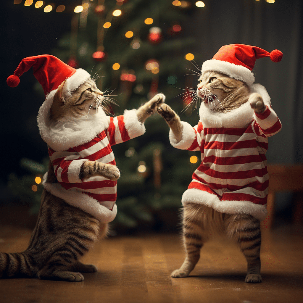 cats dancing in front of Christmas tree