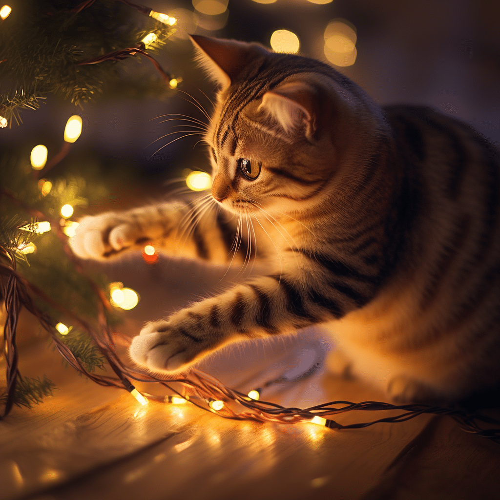 cat playing with lights